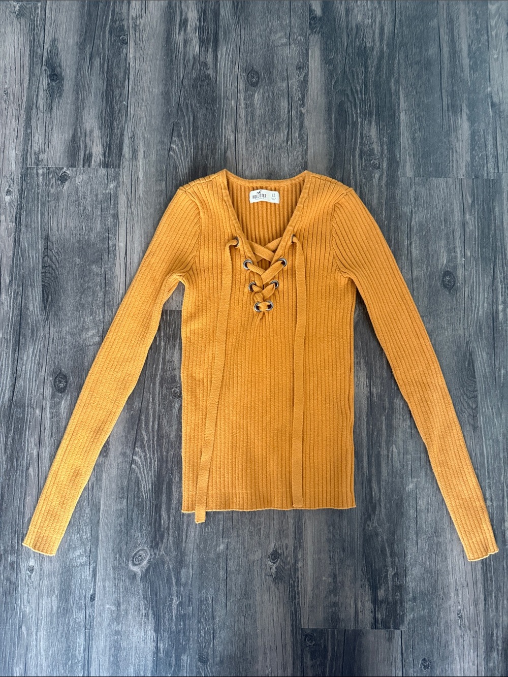 Hollister Mustard Ribbed Lace-Up Long Sleeve Sweater